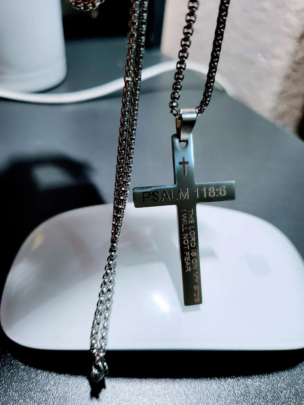 Psalm 118:6 Stainless Steel Cross Pendant Necklace - Silver